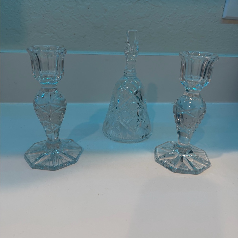 Elegant Crystal Candle Holders and Bell Set